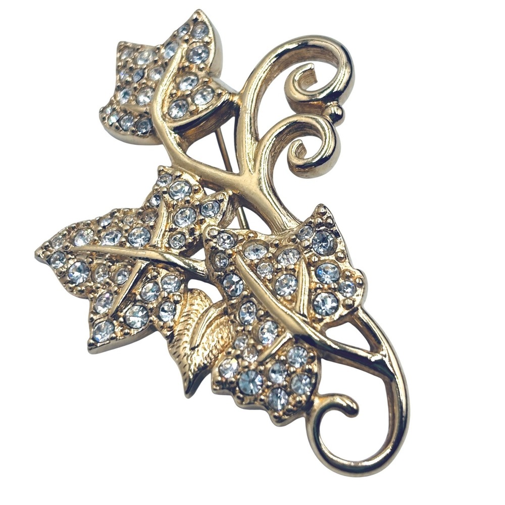 Swarovski‎ Crystal Ivy Leaf Brooch Gold Tone Pave Vine Pin Swan Logo Vintage